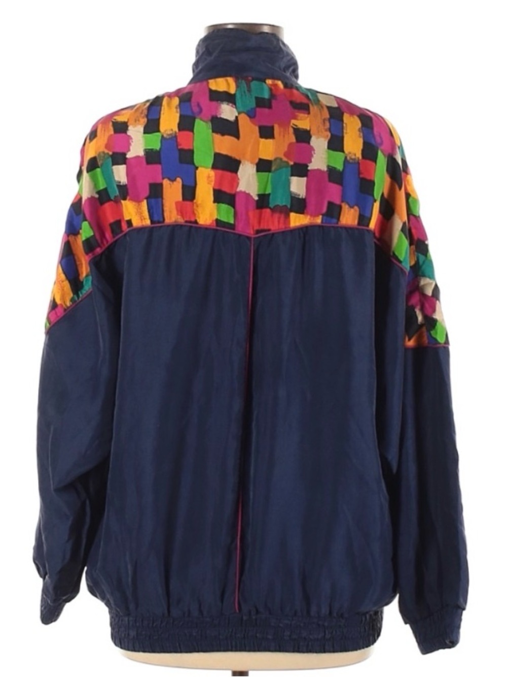 ROBERT STOCK Limited Silk Multicolor Yoke Navy Track Jacket Women’s Med Vintage - Picture 3 of 4